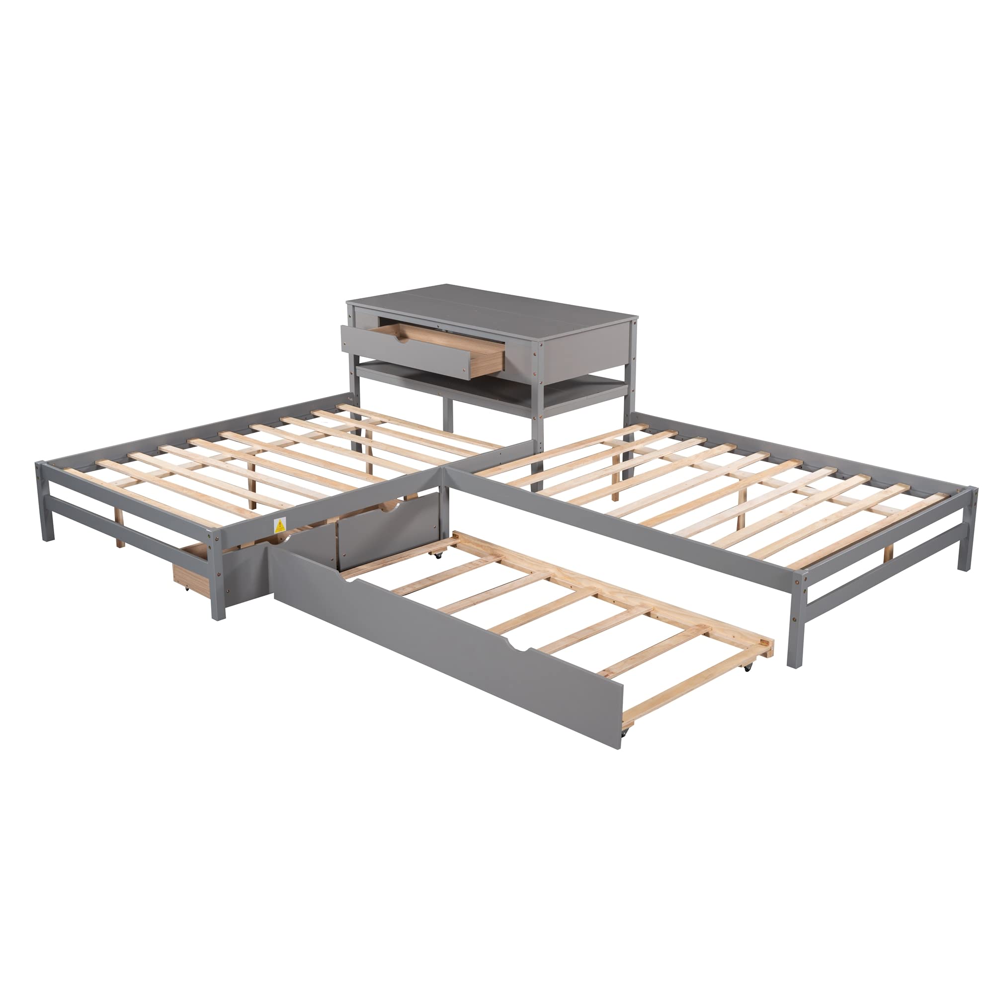 ((Box 2 of 2))LCH Full Size L-Shaped Platform Bed with Trundle & Drawers Linked w/Built-in Desk for Kids, Bedroom, Teens, Adults, No Box Spring Needed, Wood Bedframe 3 in 1, Grey