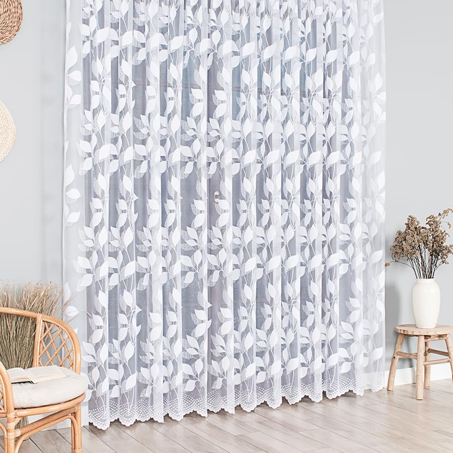 Weiß Jacquard 600x150 cm (BxH) Dider Lang Kurz Vorhänge Kräuselband Wohnzimmer Gardinenschals Schlafzimmer Modisches Design Blätter