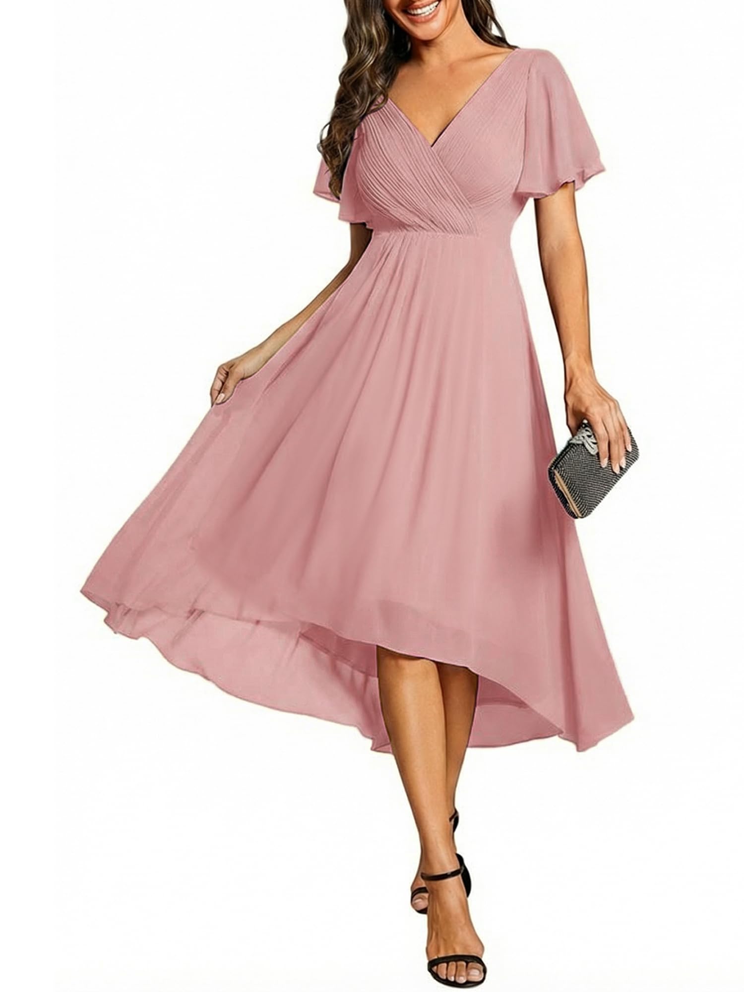 Ever-Pretty Women's Summer Chiffon Formal Wedding Guest Dresses Pleated V-Neck Short Sleeves Cocktail Dress 01923