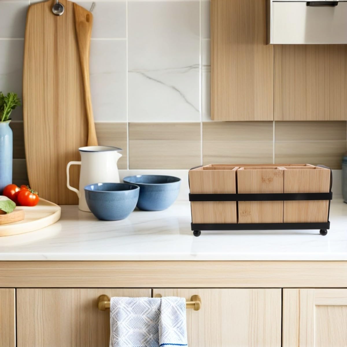 Toyvian Boîte de Rangement Bois pour Couverts et Ustensiles de Cuisine Support pour Couteaux Fourchettes et Baguettes Organisation Pratique pour Cuisine