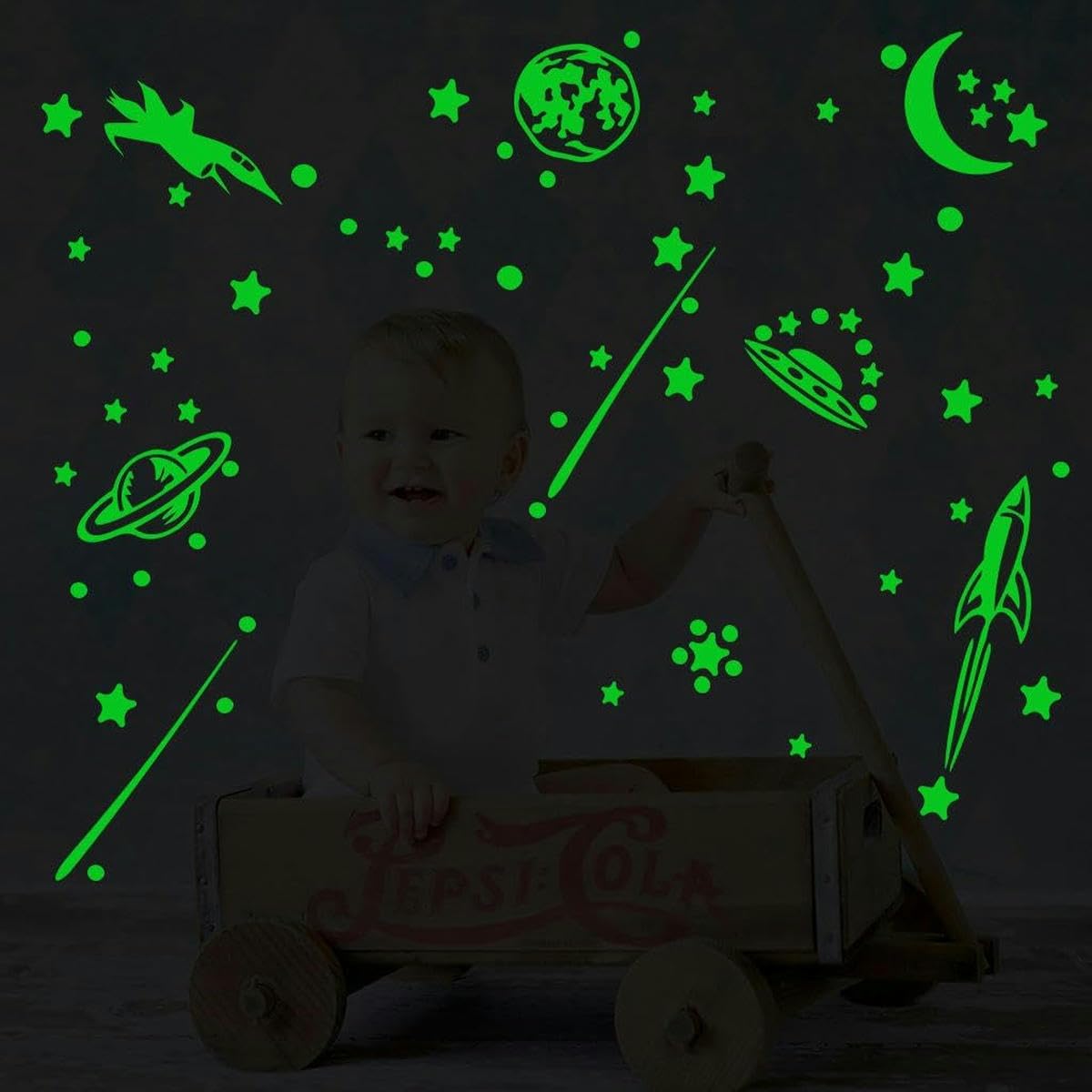 Glow in The Wall Aufkleber, Glow Wandabziehbilder, 177-teiliges Set, 20 cm, Mond und kleiner Stern, blaues/grünes Licht, leuchtende Toilettenaufkleber, lustige Toilettensitz-Aufkleber for Deckel, Wand