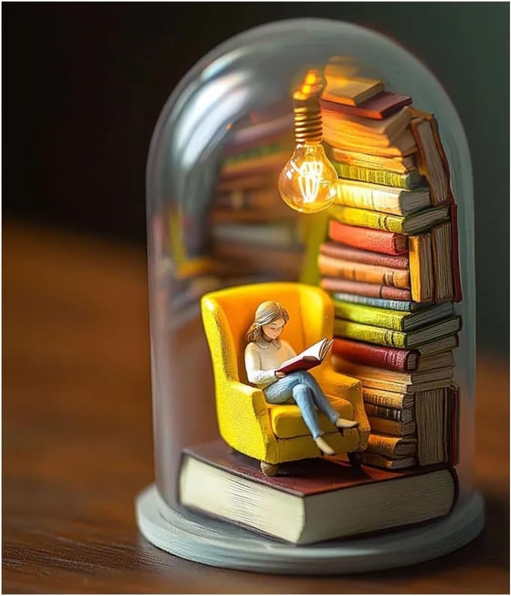 Reader Night Light, Miniature Book Lover Lamp Sculpture with Mini Books and LED Light, Mini Reading Figurine Tiny Bookshelf Library Statue, Gift for Family, Friends, Colleagues (A)