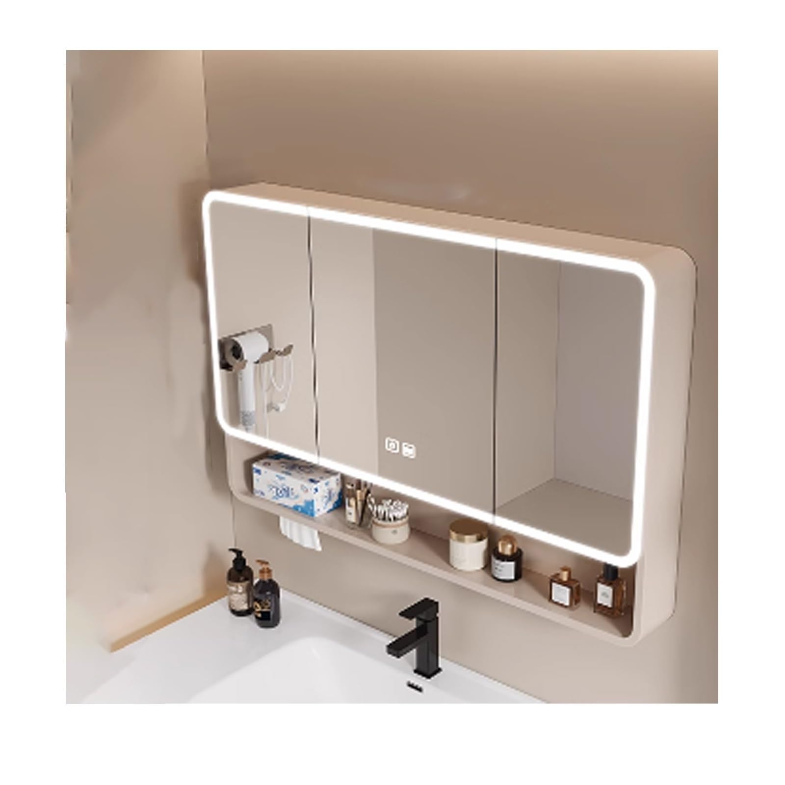 FLYIODFCXV bathroom mirror cabinet, With 2 Mirrored Doors，Rounded Corners, Efficient Demisting, Large Storage Capacity(Cream,90cm/35.4in)