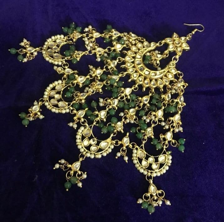 Image of Green Kundan Golden Passa /Paasa /Jhumar /Jhoomar Traditional /Ethnic /Wedding /Nikaah /Hair Jewellery /Hair Accessory for Girls /Women PK-5238