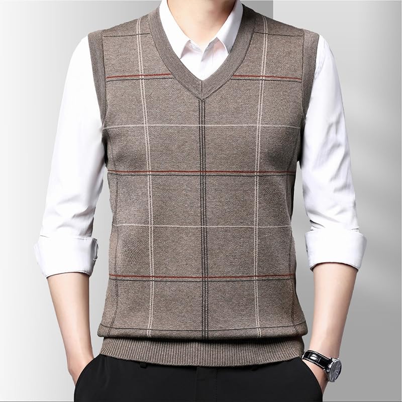Men'S Plaid V-Neck Knit Vest,Business Sleeveless Waistcoat,Middle-Age Casual Sweater3