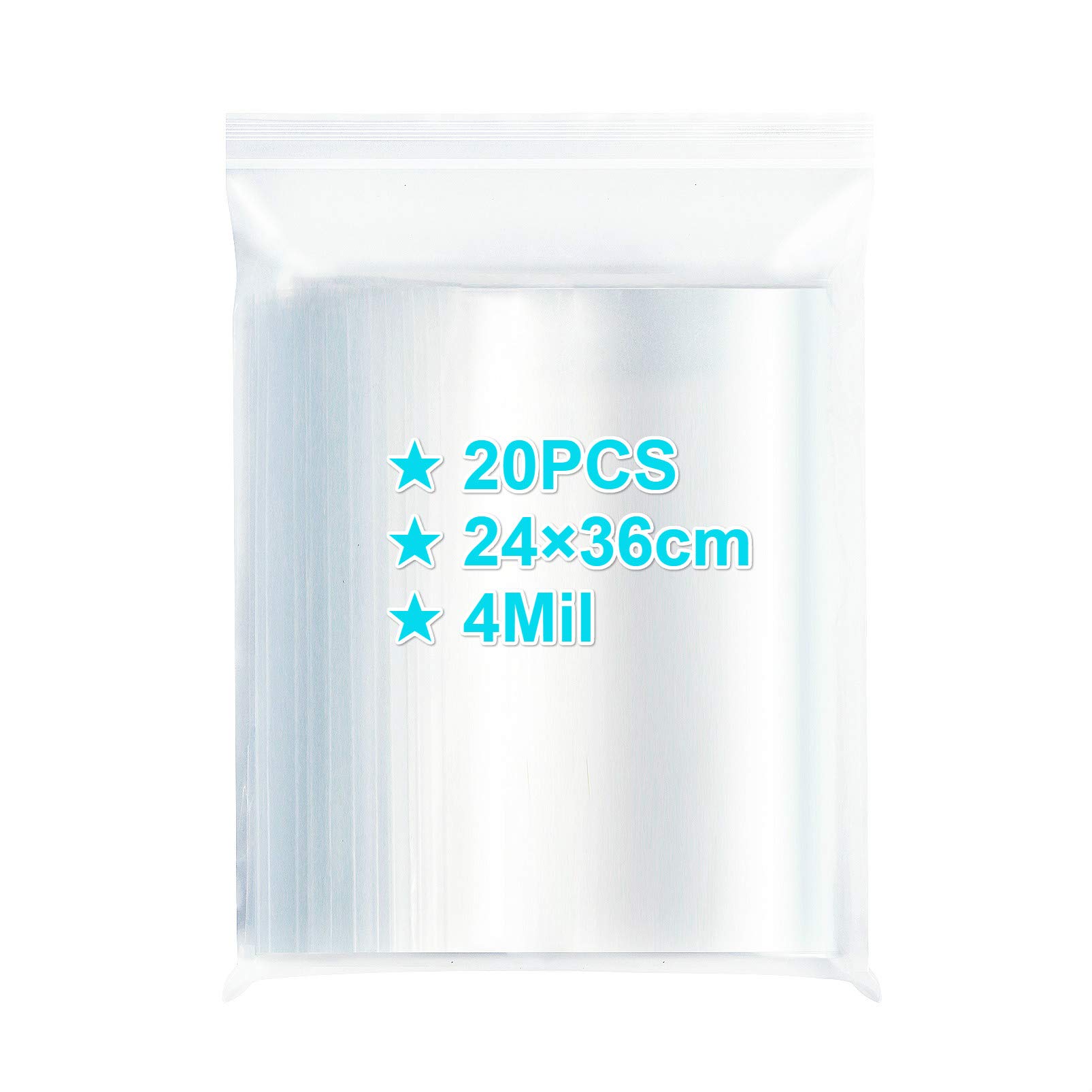 YDDResealable Ziplock Bags 24×36cm, 20PCS, 4 Mil Extra Thick Clear Plastic Grip Seal Bags with Lock Seal Zipper, Storage Pouches for Clothing T-Shirt Photo Freezer Food Packaging