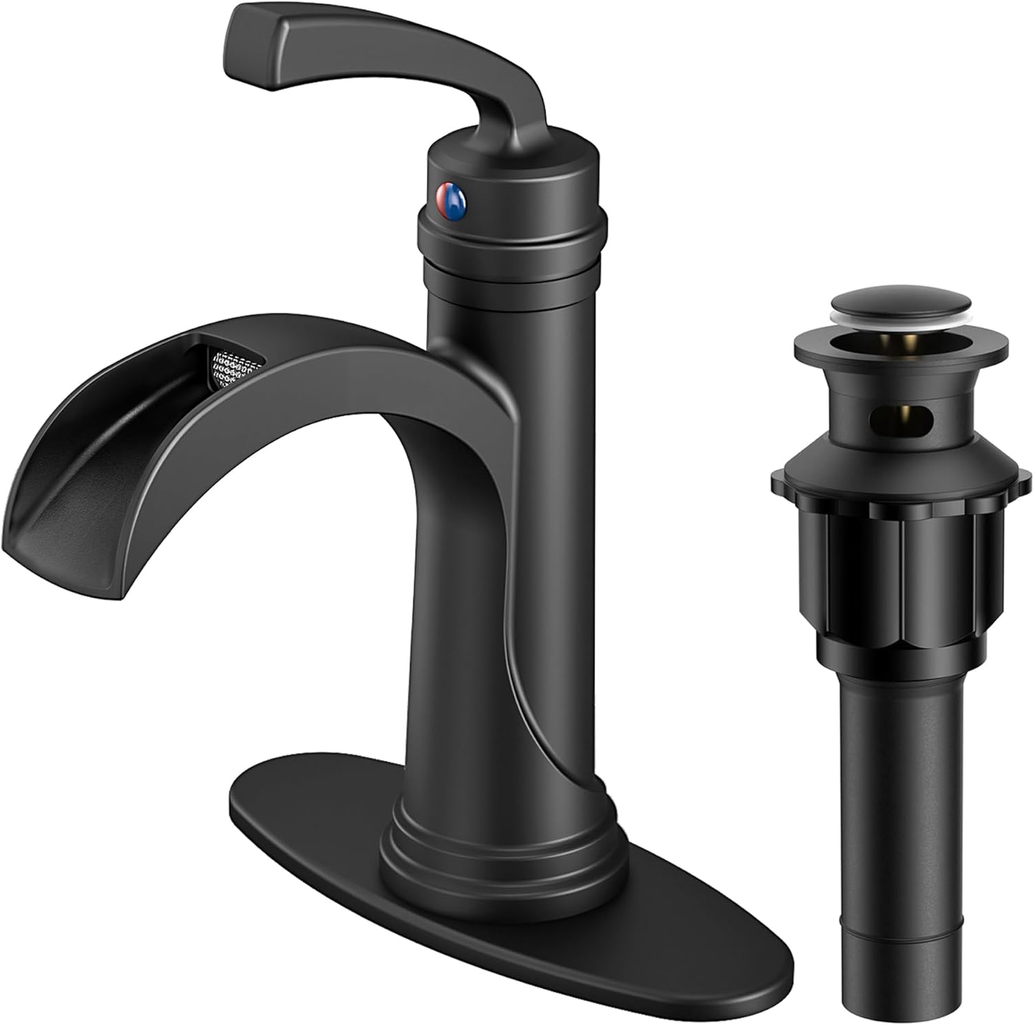 Forious Black Bathroom Sink Faucet Single Handle One Hole Antique Waterfall Bathroom Faucet with Metal Pop Up Drain and Deck Plate for Lavatory Vanity Farmhouse RV