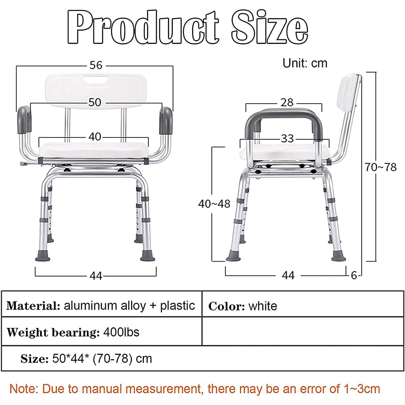 Silla de Ducha Giratoria 360 ° con Respaldo y Apoyabrazos, Asiento de Ducha Taburete de Baño Altura Ajustable Silla de Baño para Embarazadas Ancianos Discapacitados, Capacidad de 400LBS