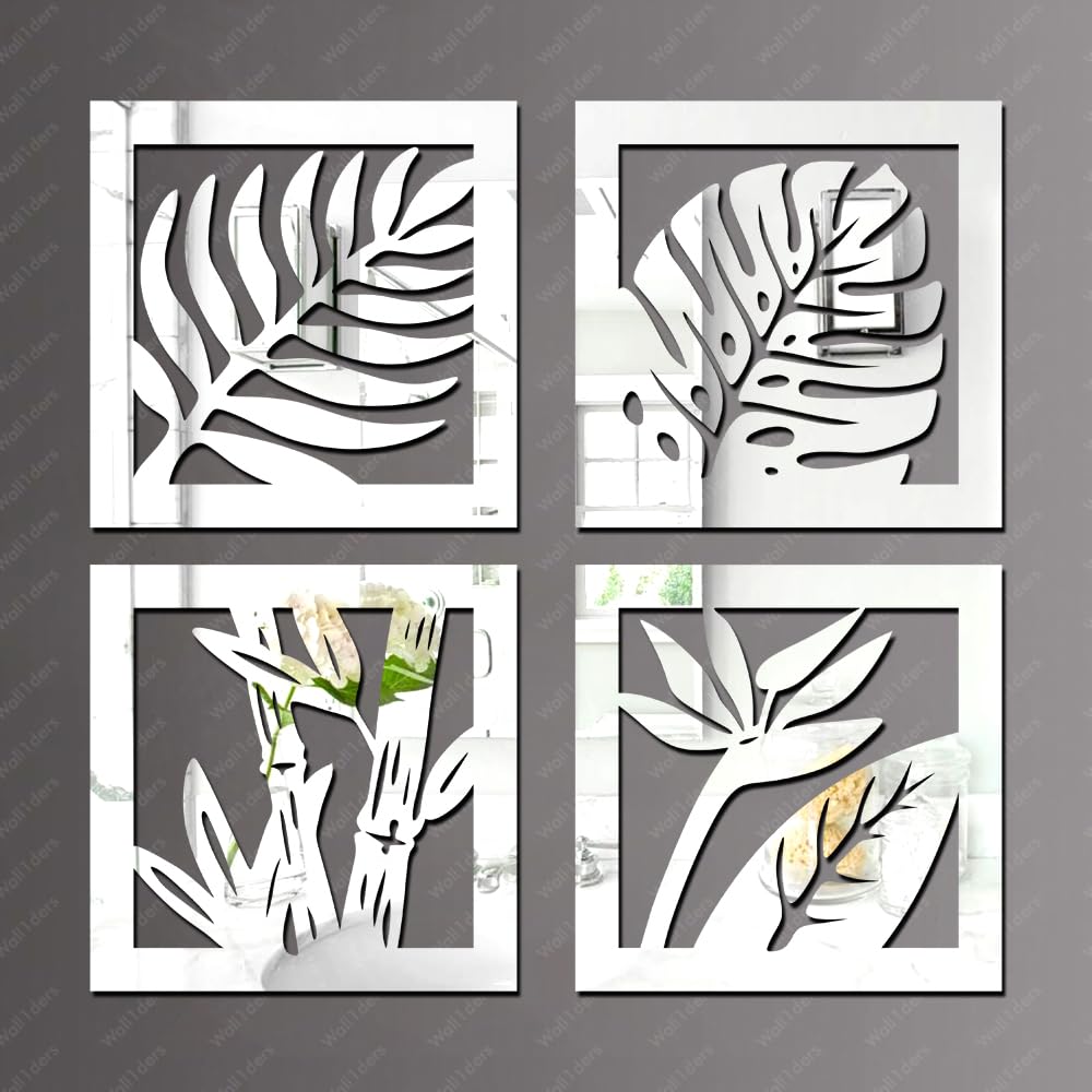 4 Palm-Leaves-Leaf-Artwork-Wall-Art Silver Mirror Wall Stickers, Mirror Stickers for Wall, Acrylic Mirror Wall Decor Sticker,Silver-image-48