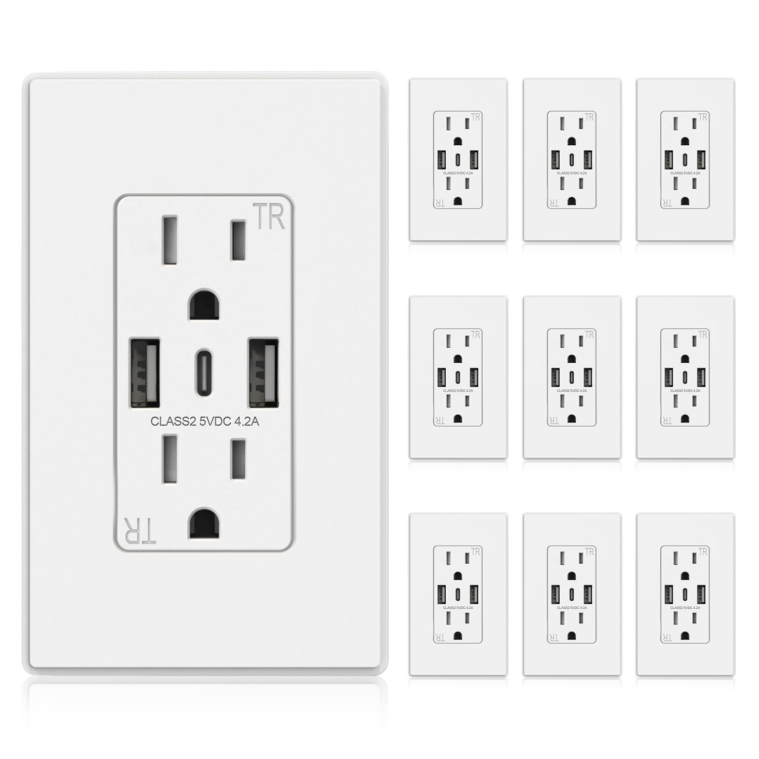 ELEGRP USB Wall Outlets, 3-Ports USB C Wall Outlets Receptacles, Matte White 15 Amp Outlets with USB Ports, Tamper-Resistant USB Outlet, Screwless Wall Plate Included, UL & CUL Listed, 10 Pack