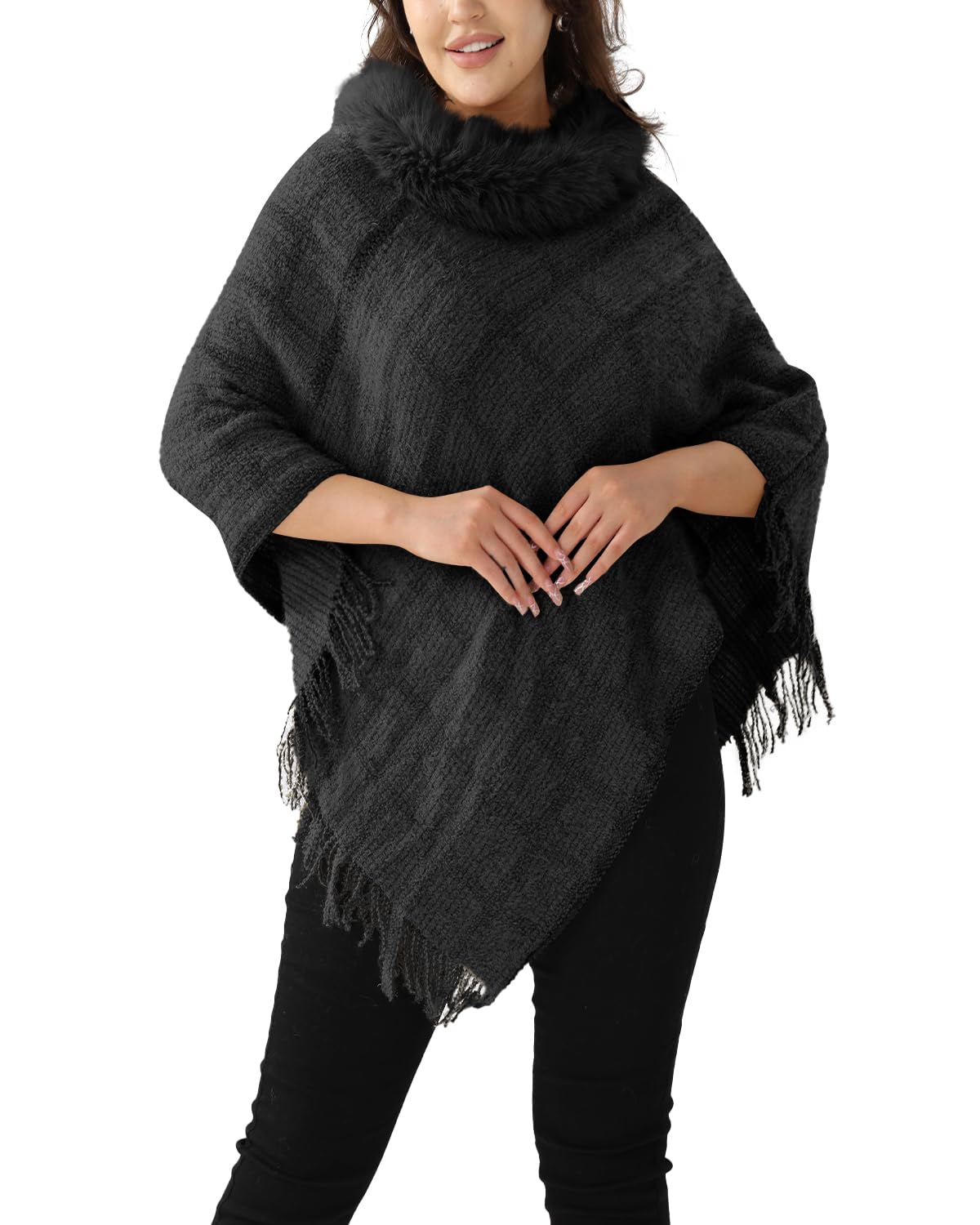 NLAND Poncho Donna Inverno Frange Mantella Coprispalle Elegante da Cerimonia con Collare Scialle Caldo Maglione Cappotto Morbida e Versatile