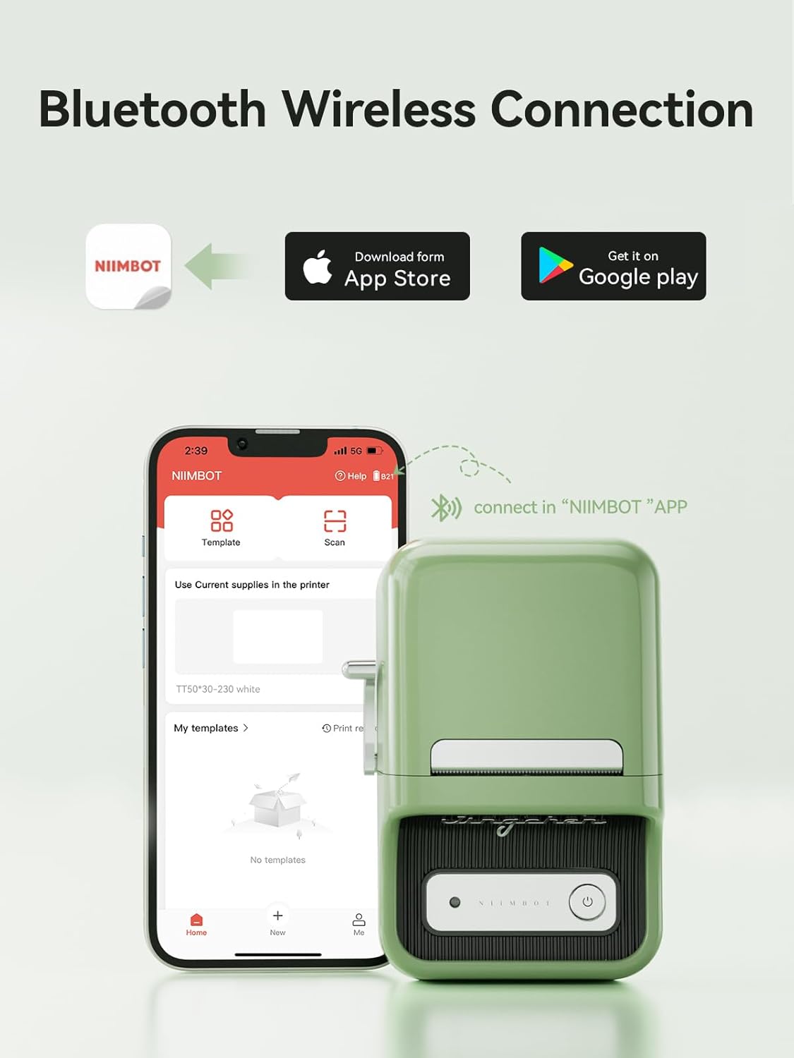 NIIMBOT B21 Label Printer showing Bluetooth connection to a smartphone