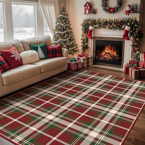 BEIMO Christmas 6x9 Area Rugs for Living Room Bedroom,Xmas Checkered Buffalo Plaid Rug,Machine Washable Low Pile Non Slip Soft Indoor Floor Carpet,Holiday Decorative Rug for Dining Room,Ivy-Red Tartan