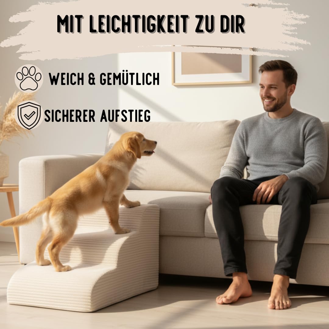 Hundetreppe Cord beige Hunderampe aus Schaumstoff - Katzentreppe - Tiertreppe - Haustiertreppe - Hundetreppe Bett - 3 Stufen Hunderampe