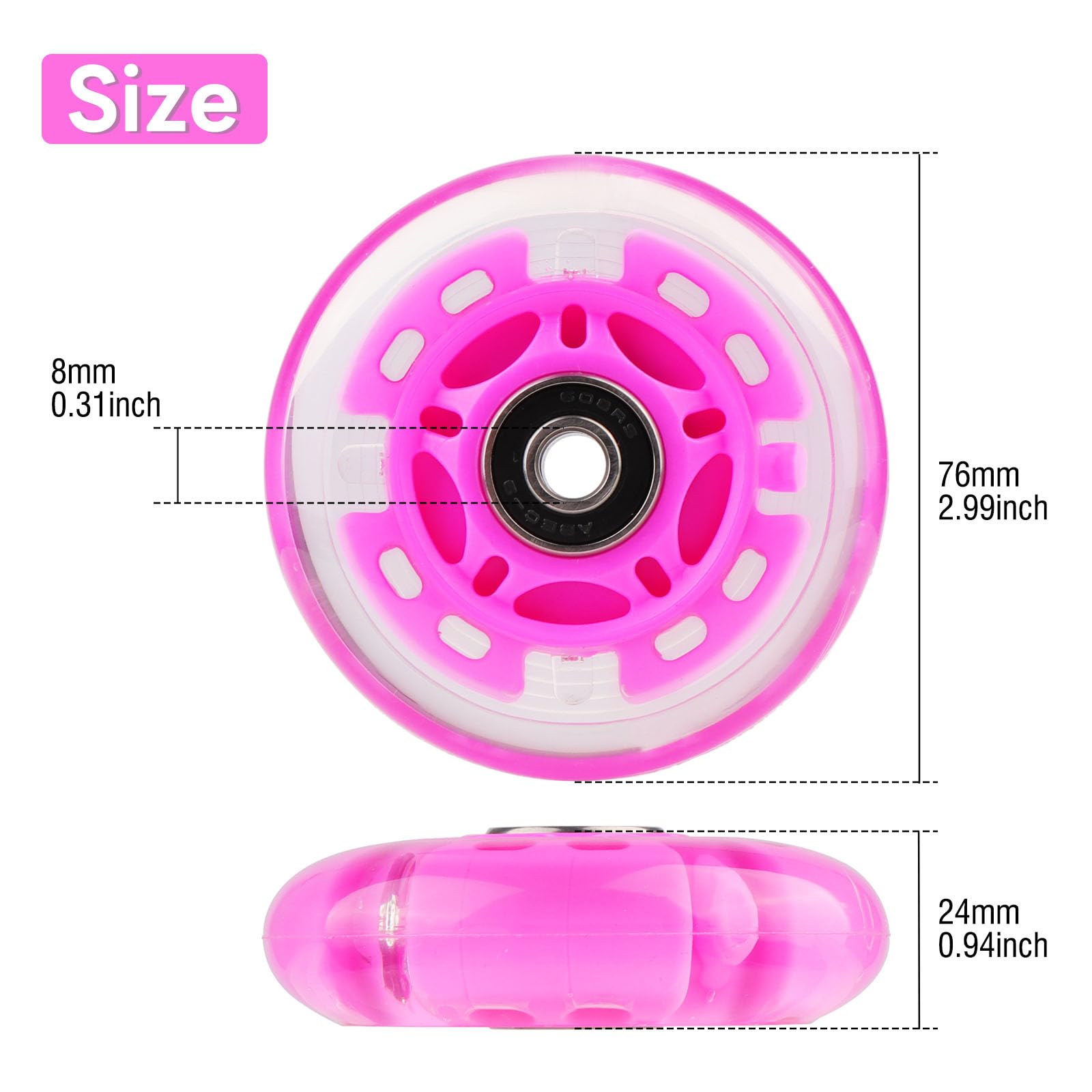 WHEELGOO 4-Pack PU Inline Skate Wheels Flashing Wheels Replacement w/Bushings for Kids Youth Children's Roller Skates (Pink, 80mm)
