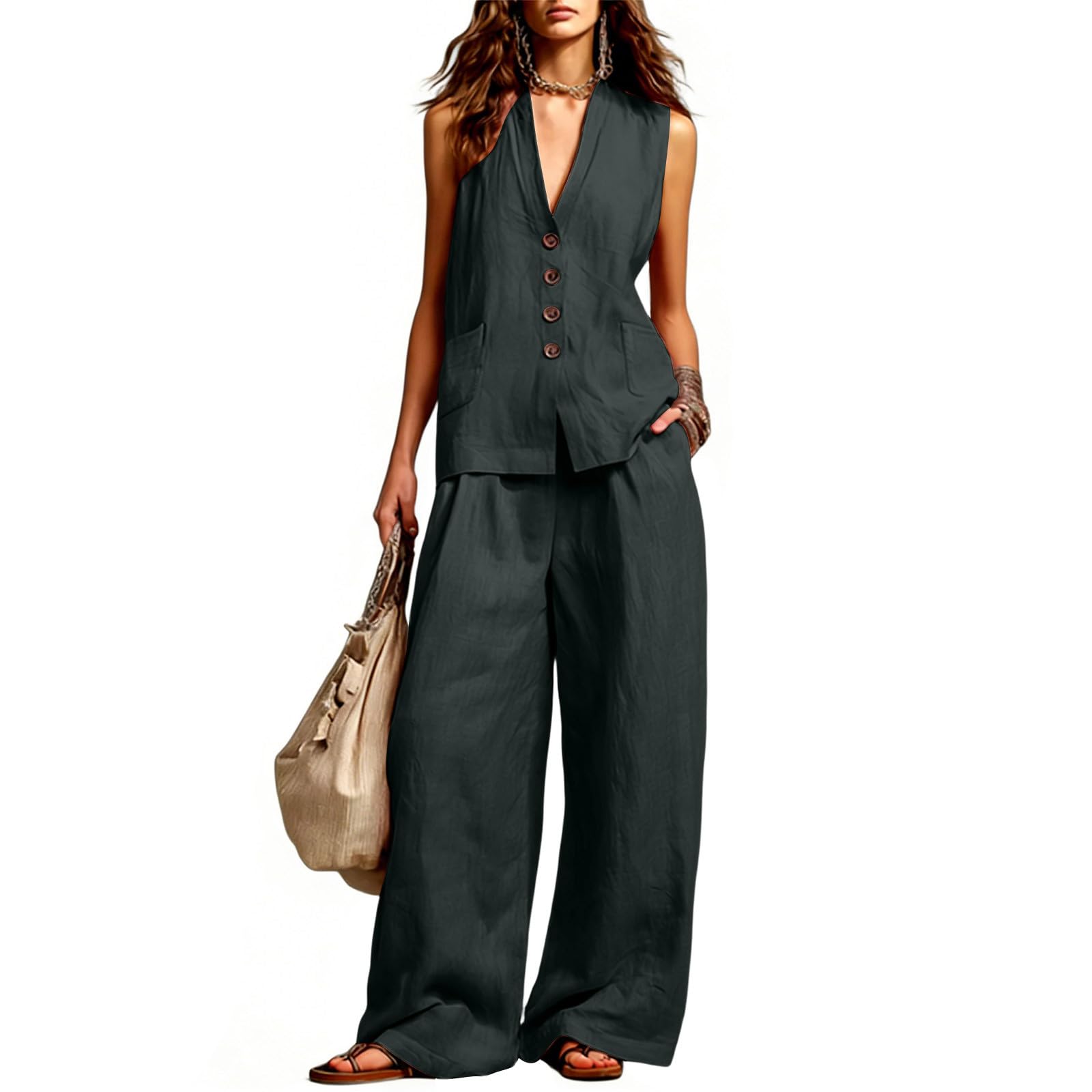 HAOLEI Conjunto Mujer Vestir Dos Piezas Casual Elegante Traje de Verano Ligero Chándal Cuello V Camiseta Sin Mangas y Pantalones Ancha Cómodo Transpirable Ropa Playa Vacaciones Oficina Trabajo