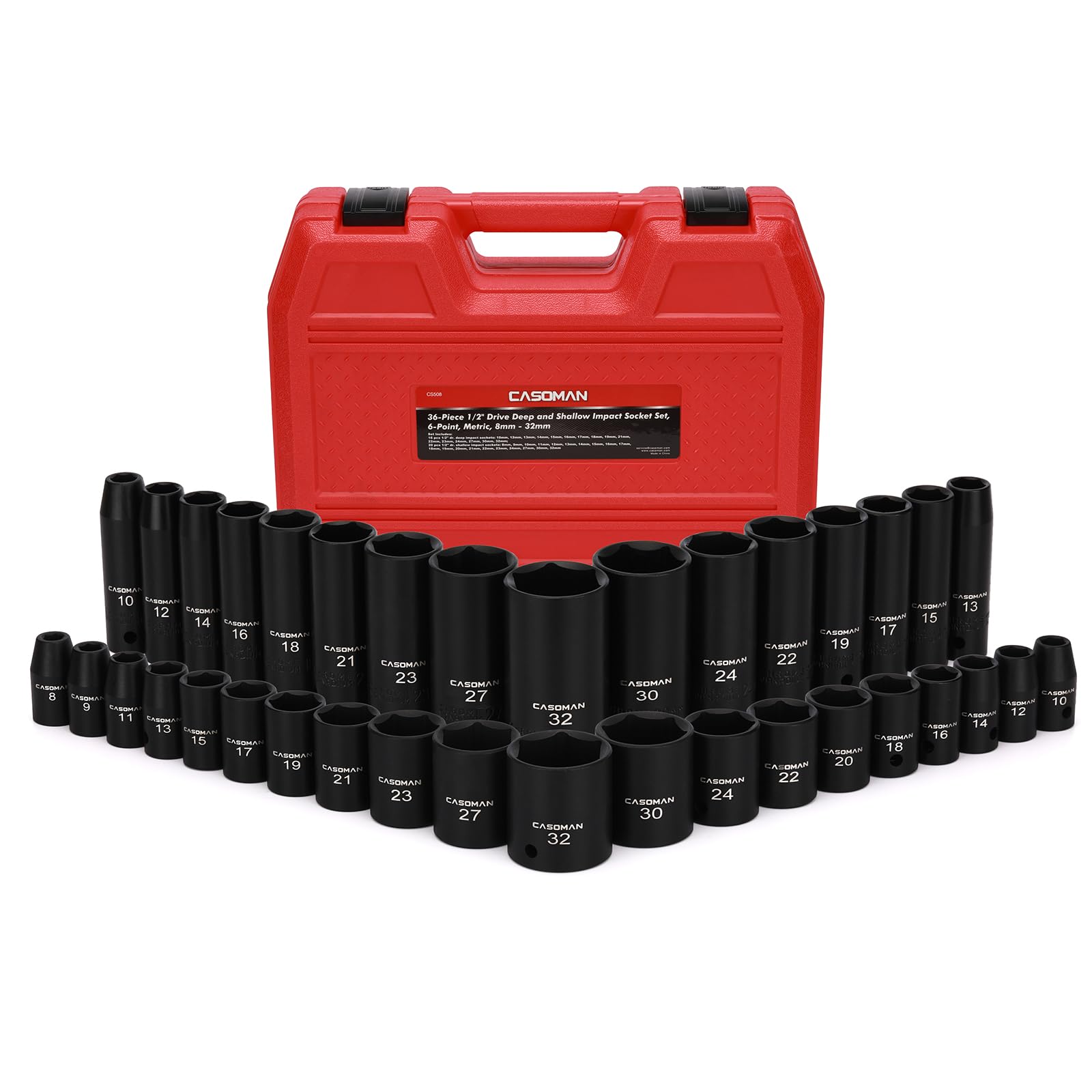 CASOMAN Juego de 36 llaves de vaso métricas de impacto profundo y poco profundo de 0.5 pulgadas, 6 puntos, CR-V, para reparación de automóviles, con funda portátil, construcción resistente