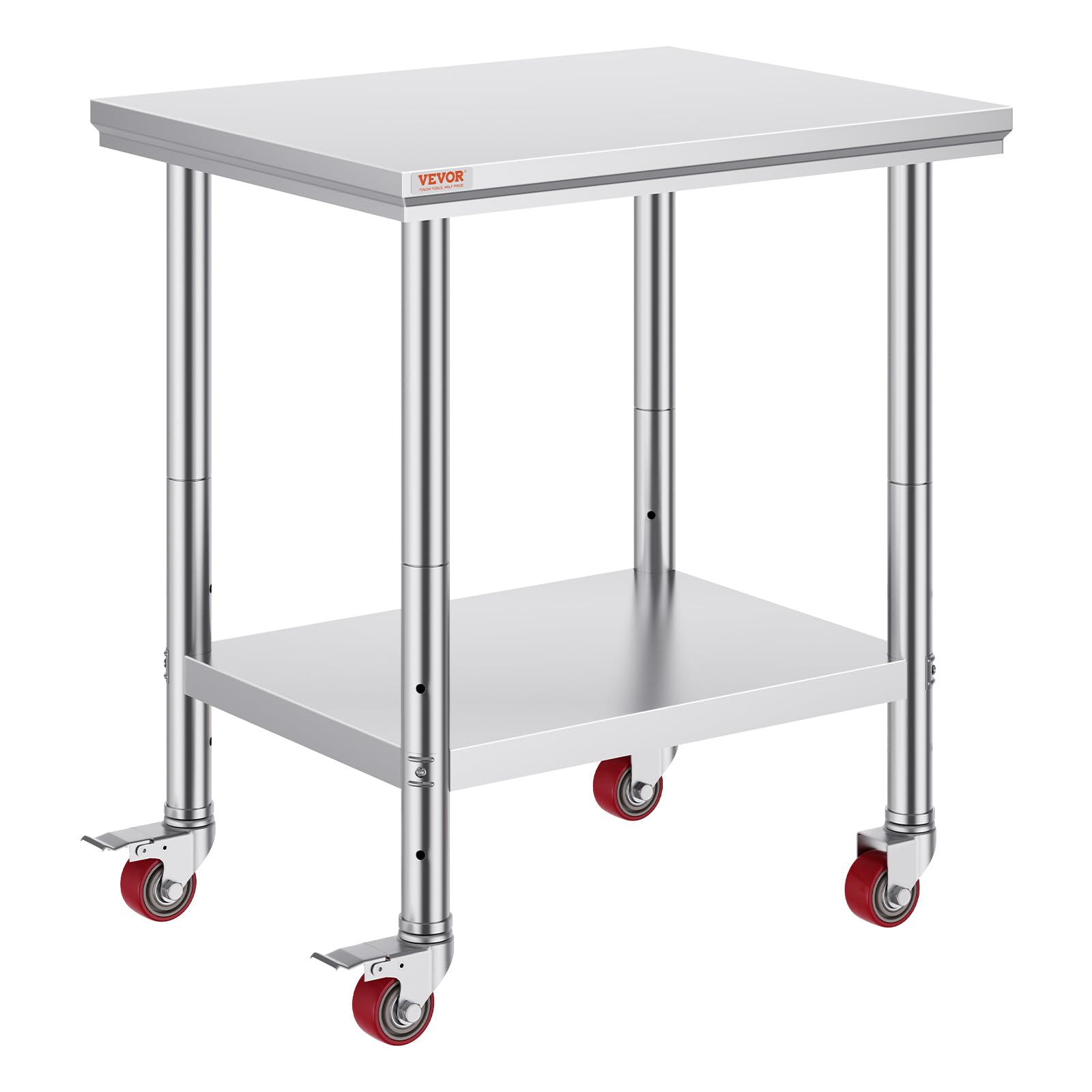 VEVOR Mesa de trabajo de catering de acero inoxidable de 30 x 24 pulgadas, mesa de trabajo comercial con 4 ruedas, banco de trabajo comercial de preparación de alimentos con estante de ajuste flexible