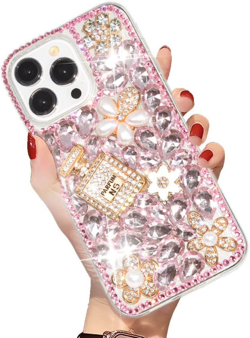 iPhone 14 Pro Bling Glitter Case,Luxury Bling Diamond Rhinestone Gemstone 3D Perfume Bottle and Flower Gemstone Soft TPU Back Cover Case for Women Girls with iPhone 14 Pro 6.1" 2022