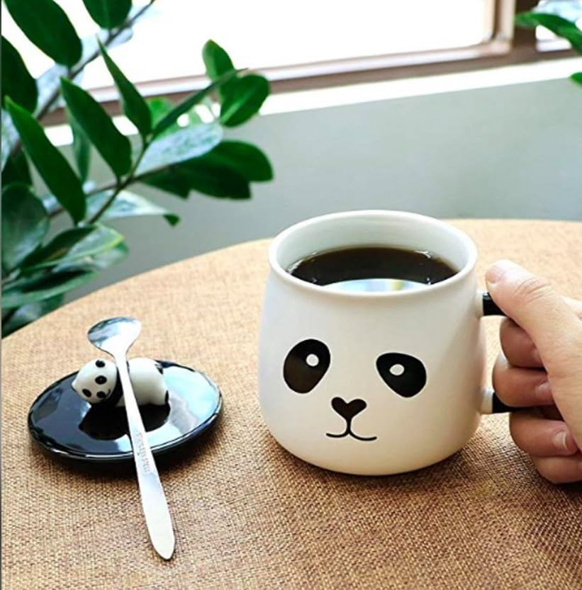 Image of Ceramic Panda Mug with Lid and Spoon, White and Black, 300 ml, Coffee Tea Cup with 3D Panda Design, Gift for Boys Girls Friends Panda Lovers