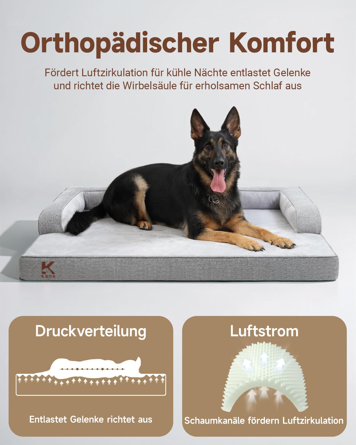 KSIIA Orthopädisches Hundebett Grosse Hunde, Hundekorb Bezug abnehmbar waschbar, Hundesofa Wasserdicht mit Rand, rutschfeste Unterseite, Grau, 104x68x17cm | Hundekissen, waschbar, wasserdicht, rutschfest, U-Rückenlehne, Hundematte, XL, Hundehütte für den