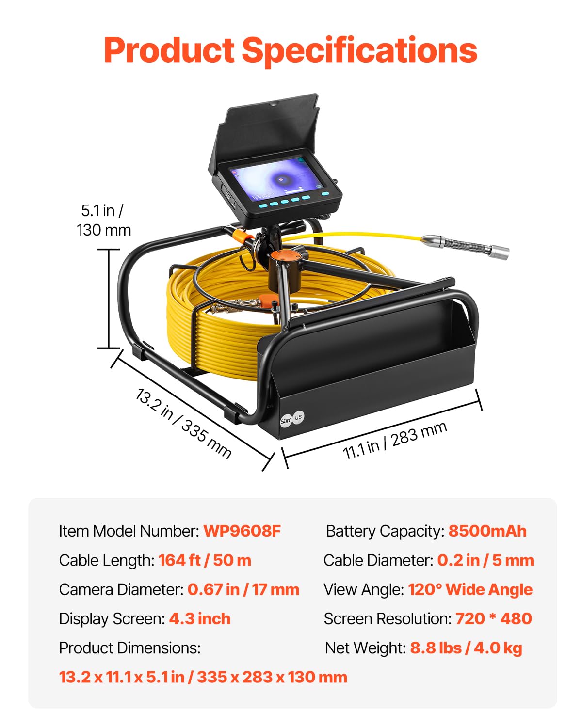 VEVOR Caméra Inspection Canalisation 50 m Endoscope Drain avec Écran 4,3'' avec Lumière 6 LED Réglables, Carte SD 16 Go, Zoom 3X, Vidéo, Étanche IP68, pour Conduit, Égout, Plomberie, Tuyaux, Maison