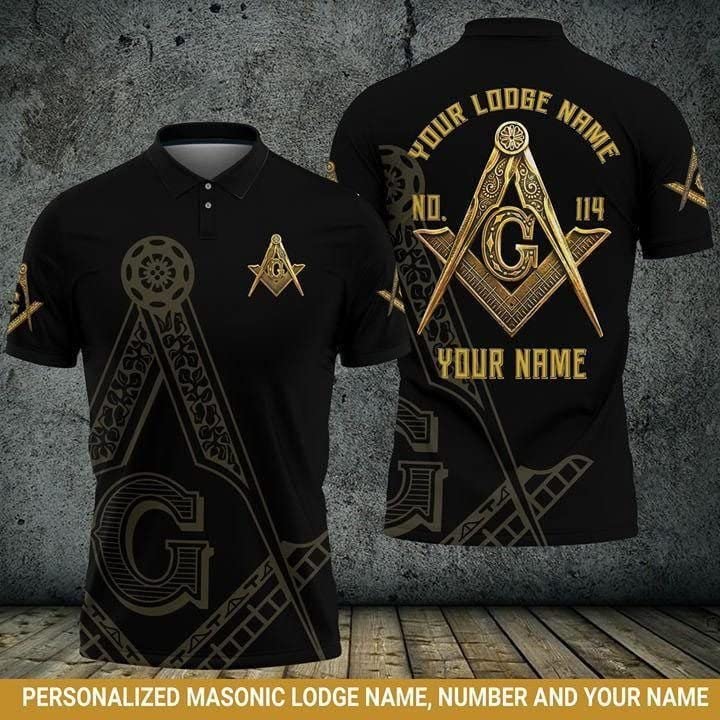 Freemason Black Gold Personalized Custom Short Sleeve Polo Shirt for Men - Customize Name, Lodge Name and Number - Freemasonry 3D All Over Print2