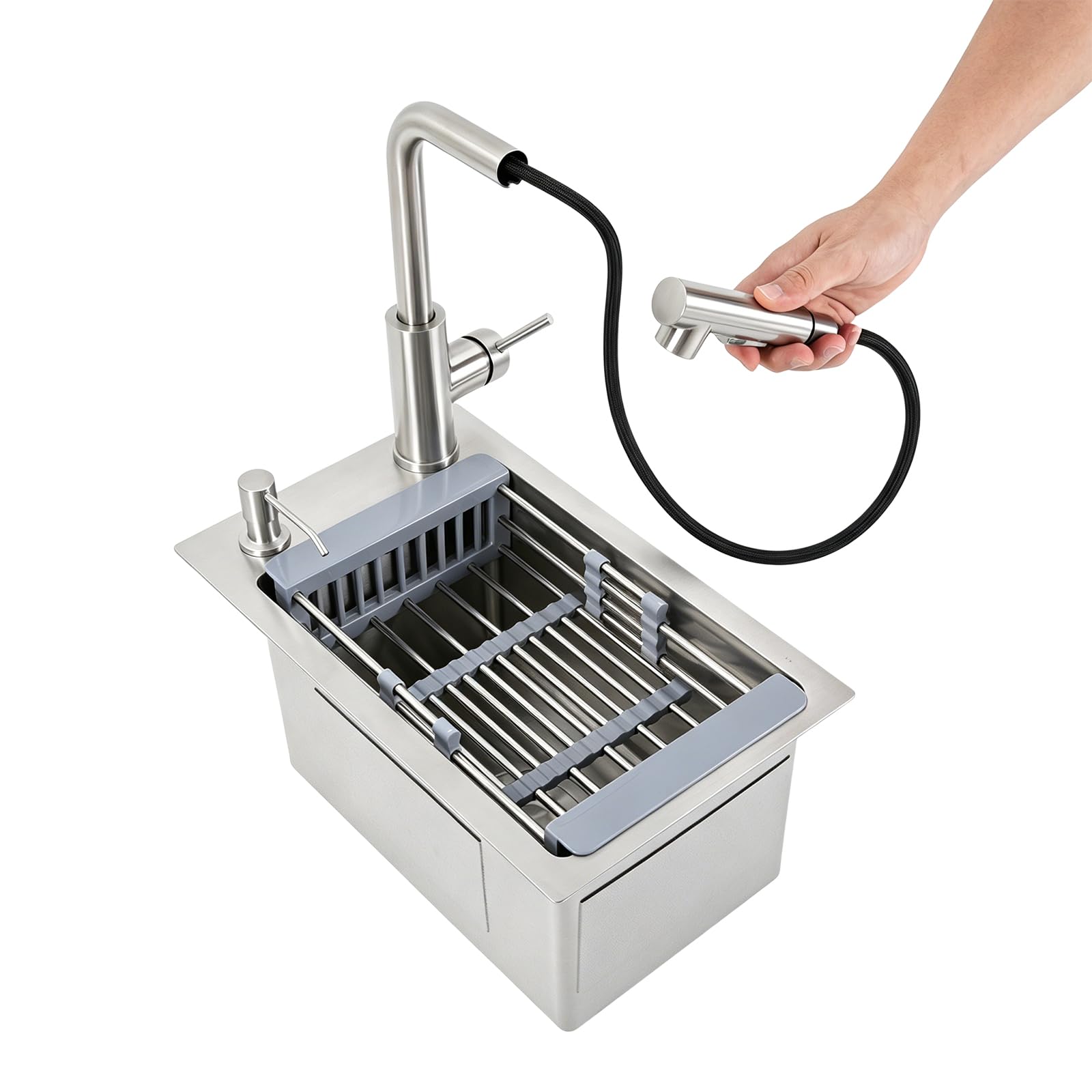 Küchenspüle Spülbecken mit Ausziehbarem Wasserhahn und Seifenspender 46x28x22cm Edelstahlspüle für Küche Schnelle Entwässerung 304 Edelstahl Single Sink