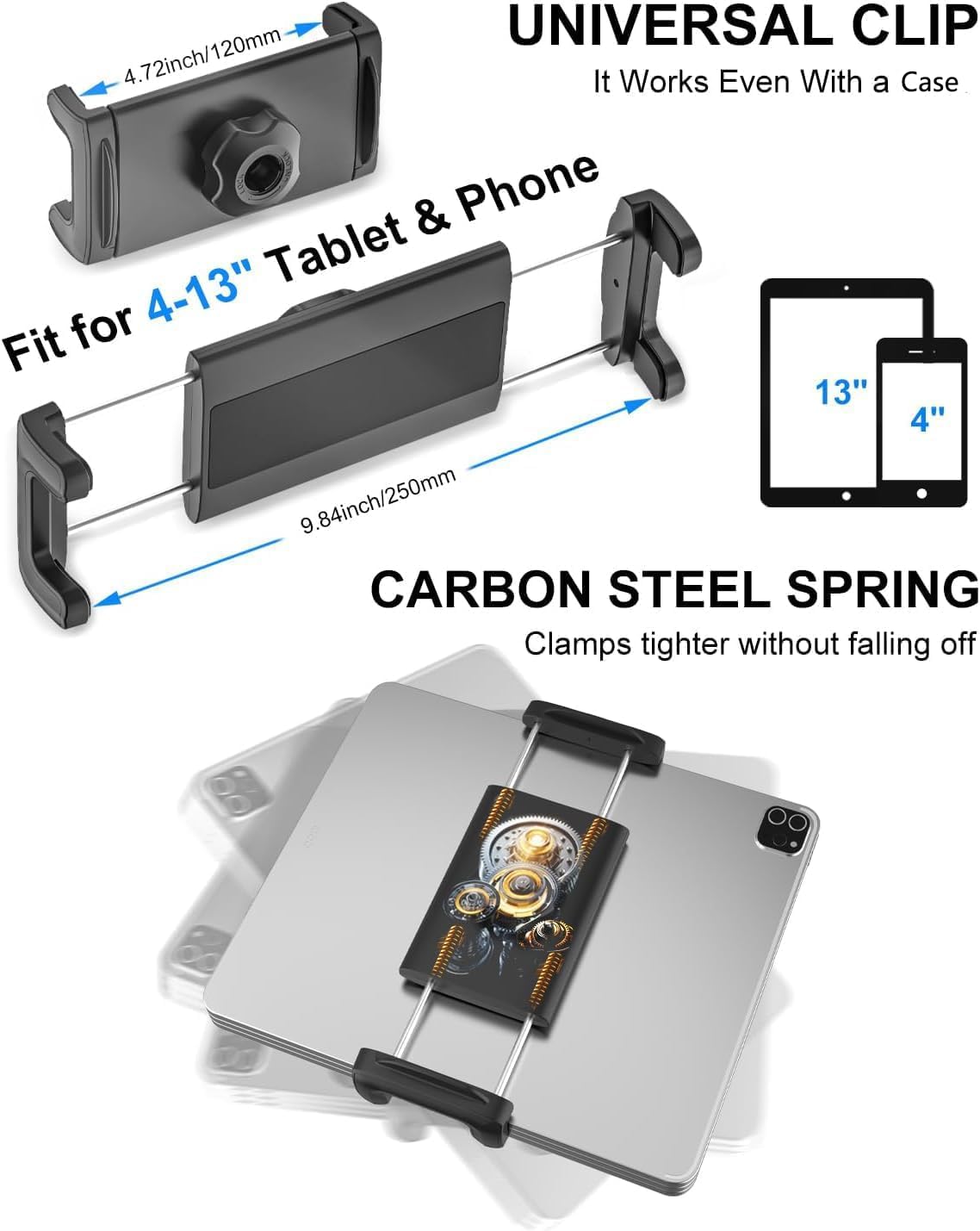 Support de tablette pour tableau de bord, camion, pare-brise, iPad avec bras en métal, support de tablette avant pour téléphone portable et tablettes de 4 à 12,9", iPad Pro/Air/Mini, Galaxy