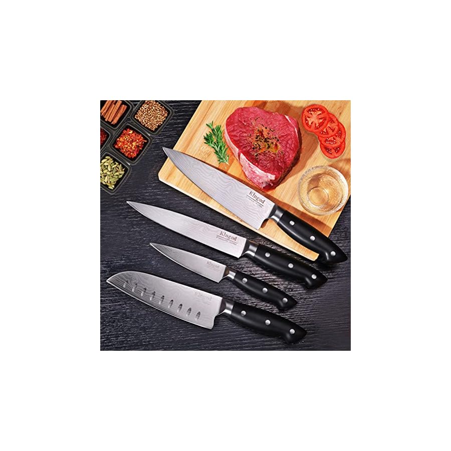 KINGOD-Chef-Knife-Set-Sharp-Knife-German-High-Carbon-Stainless-Steel-Kitchen-Knife-Set-4-PCS-8-Chefs-KnifeCarving-Knife-7-Santoku-Knife5-Utility-Knife-Knives-Set-for-Kitchen-with-Gift-Box KINGOD Chef Knife Set Sharp Knife, German High Carbon Stainless Steel Kitchen Knife Set 4 PCS-8" Chefs Knife,Carving Knife &7" Santoku Knife&5" Utility Knife, Knives Set for Kitchen with Gift Box