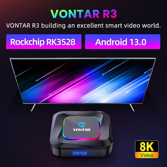 CHROX Android 13.0 TV Box, VONTAR R3 Smart TV Box RK3528 Quad-Core 64-Bit ARM Cortex-A53 Support 4K 2.4/5.0Ghz Wifi BT4.0 100/1000M HDMI 2.0 H.265 Set Top Box,2GB+16GB
