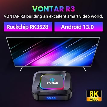 CHROX Android 13.0 TV Box, VONTAR R3 Smart TV Box RK3528 Quad-Core 64-Bit ARM Cortex-A53 Support 4K 2.4/5.0Ghz Wifi BT4.0 100/1000M HDMI 2.0 H.265 Set Top Box,4GB+32GB