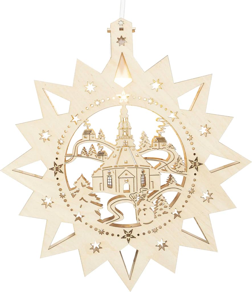 Rudolphs Schatzkiste Fensterstern Seiffener Kirche elektrisch beleuchtet LED Natur BxHxT 30x32,5x4,5cm NEU Fenstermotiv Weihnachten Adventsstern Holz Seiffen Erzgebirge Stern Linde Fensterdeko