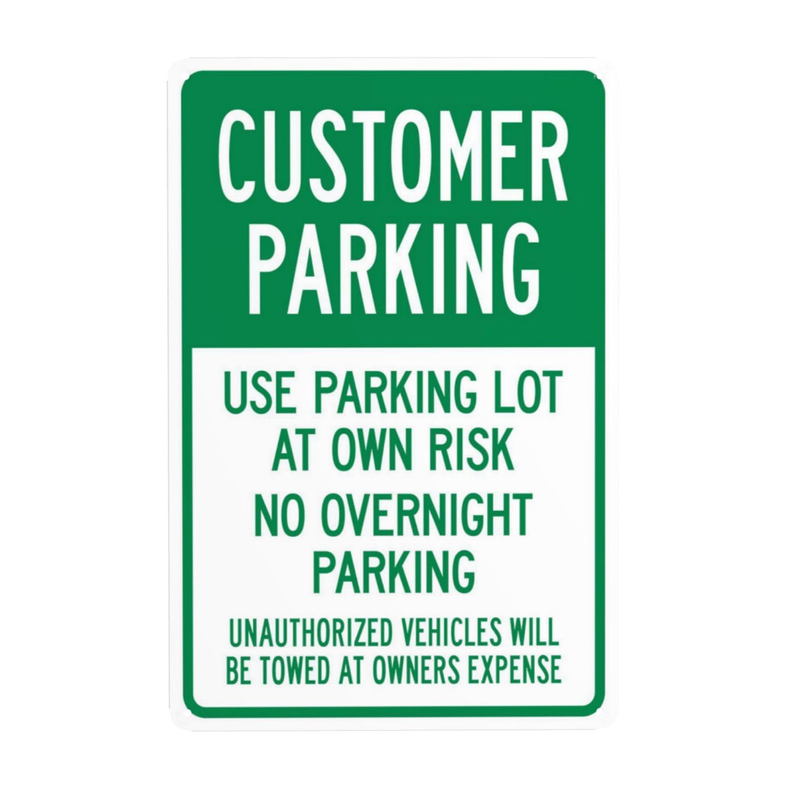 SMAZDFXX Customer Parking Use Parking Lot At Own Risk No Overnight Parking Sign Metal Signs, Cautions Security Tin Sign, Warning Signs, Perfect for Street Business and Home Wall Decor 5.5"x8"