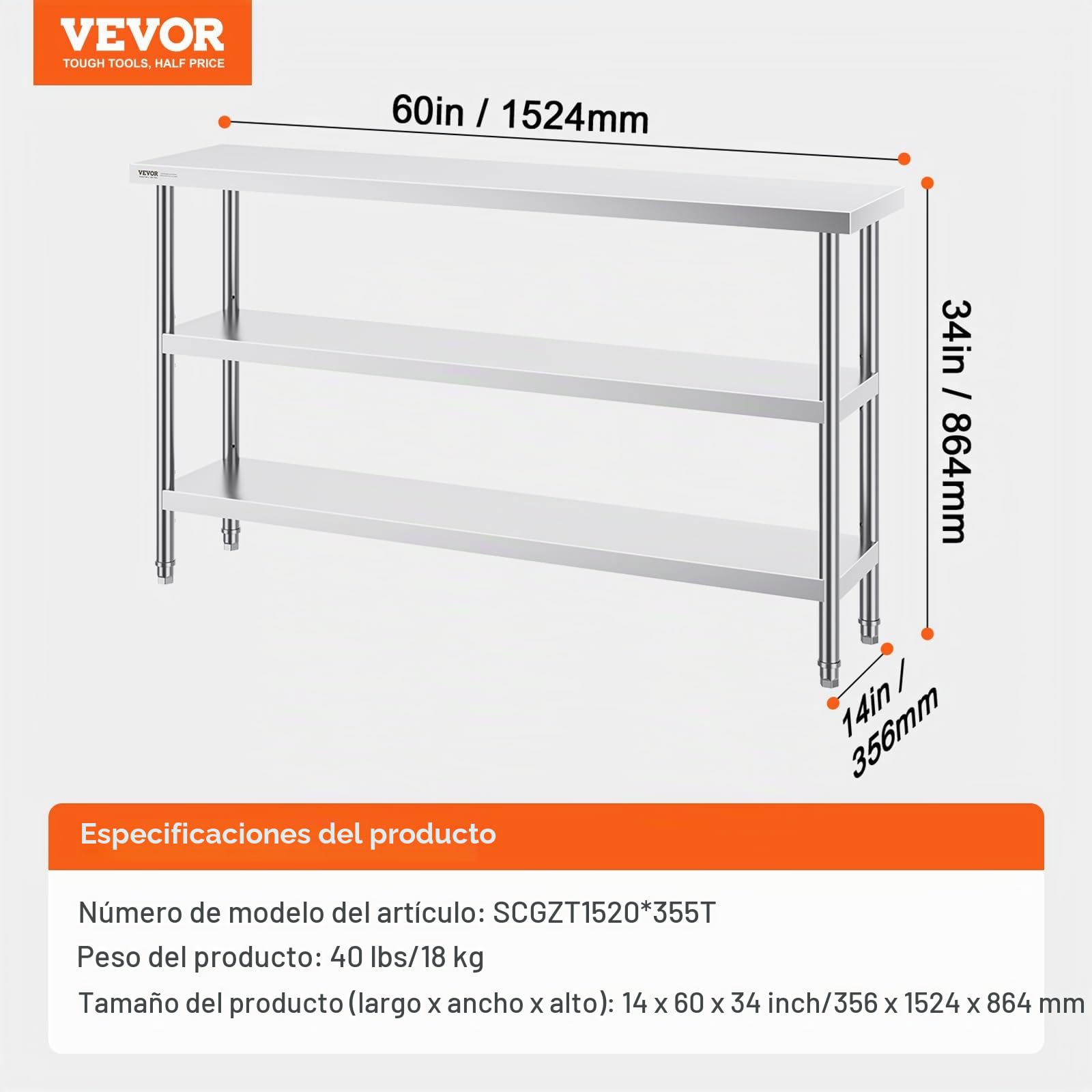 VEVOR mesa de Preparación de Alimentos 356x1524x864 mm Trabajo de Cocina Comercial Acero Inoxidable 2 Estantes Inferiores Ajustables Parrilla, Cocina, Hogar