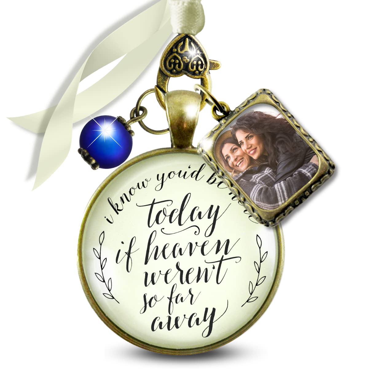 Bouquet Charm Wedding Memory I Know You'd Be Here Today If Heaven Honor Any Loved One Missed Vintage Bronze Jewelry Cream Glass Pendant Blue Bead 1 Frame Ties to Bride's Flowers DIY Photo Template