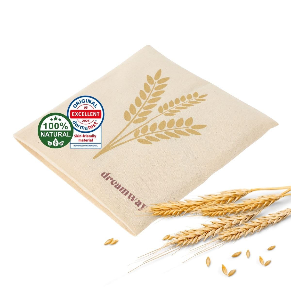 Dreamway - Cuscino riscaldante per microonde con semi di grano 21x21 cm - Cuscino termico naturale per dolori al collo, schiena e spalle - Fodera lavabile 100% cotone