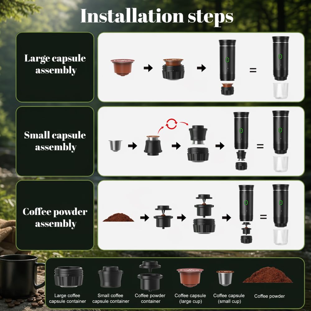 Macchina da caffè portatile, 3 in 1, a batteria, con USB, per campeggio, auto, viaggi, mini macchina da caffè compatibile con capsule e caffè macinato