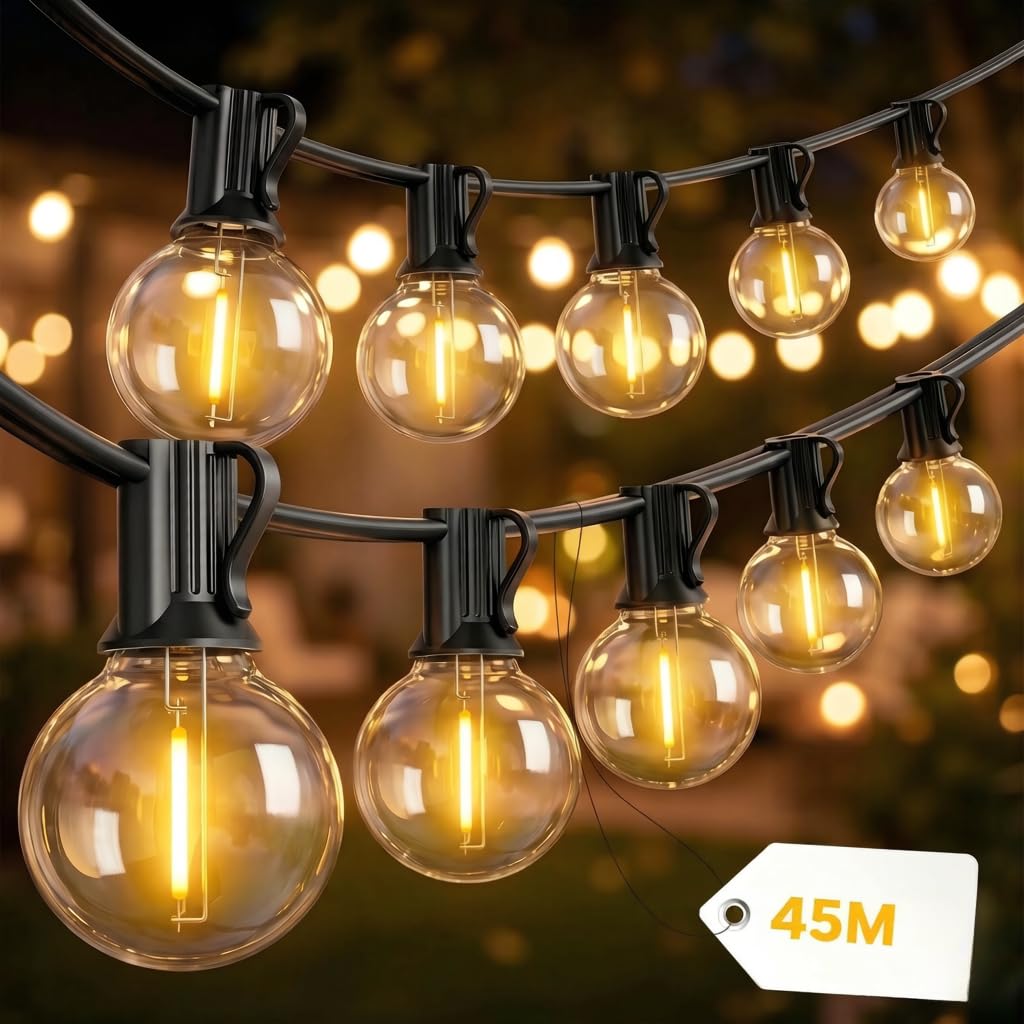 Outdoor Lichterkette Außen 45M, LED Glühbirnen Aussen Mit 75+2 G40 PlastikBirnen, Wasserdicht IP44 Hängende lichterketten Strom für Garten, Terrasse, Party Deko, Café 2700K Warmweiß