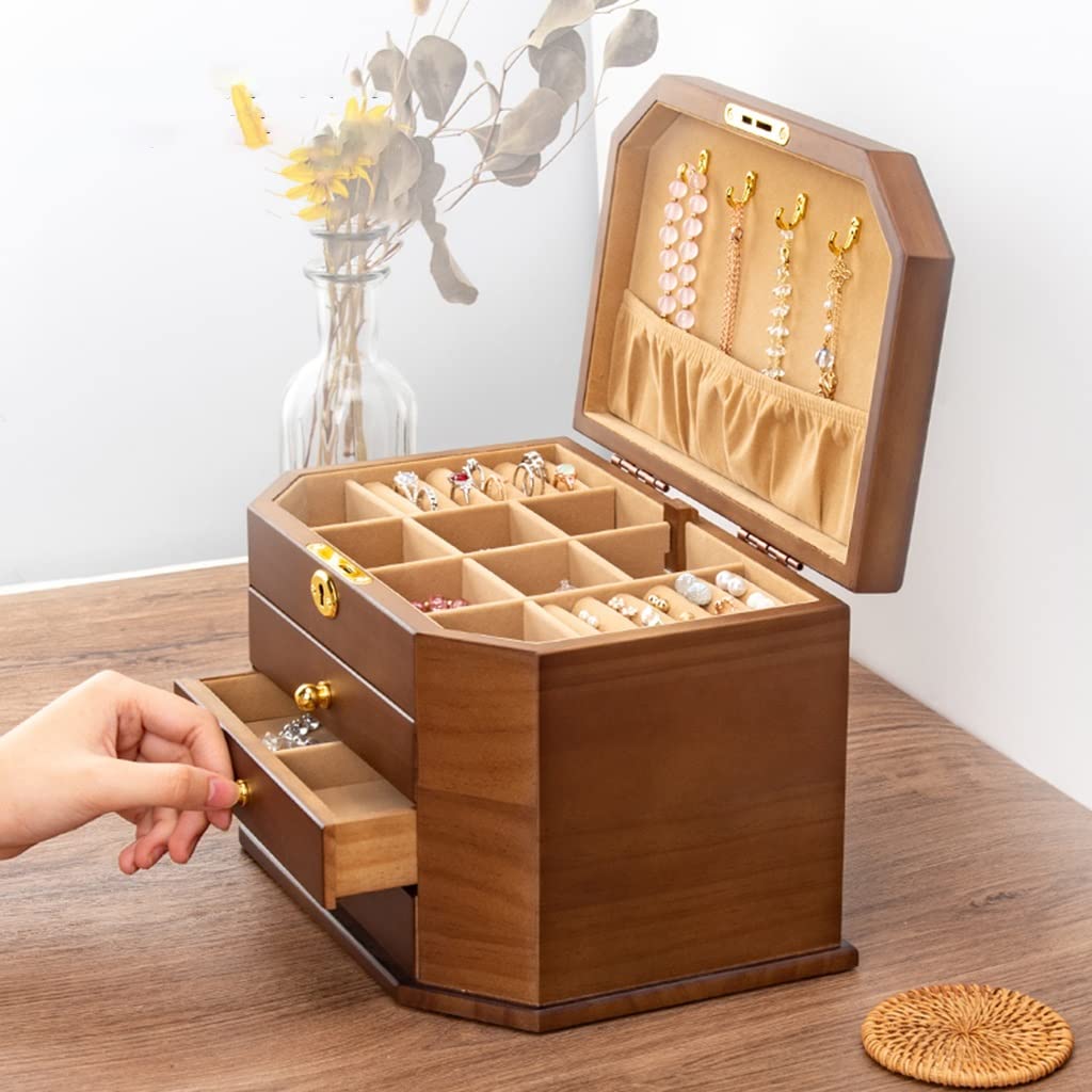 Abschließbare Schmuckschatulle aus Holz mit 3 Schubladen für Frauen und Mädchen – Halter für Ringe, Halsketten, Ohrringe, Armbänder – Aufbewahrung in Geschenkbox – Farbe A – Größe 28 x 19 x 18,5 cm (A