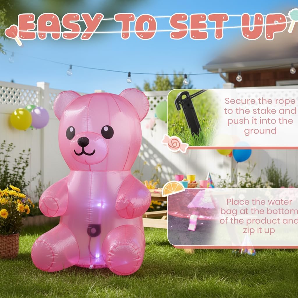 5FT Giant Inflatable Gummy Bear Decoration Pink Candy Theme Blow Up Yard Decor for Birthday Parties Candyland Party & Event Lawn Decoration - Image 5