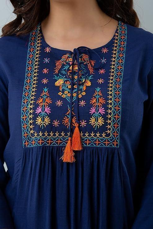 Image of Avayayat Short Kurti for Women | Embroidered Straight Rayon Kurta | Round Neck Full Sleeves Short Kurti for Women's