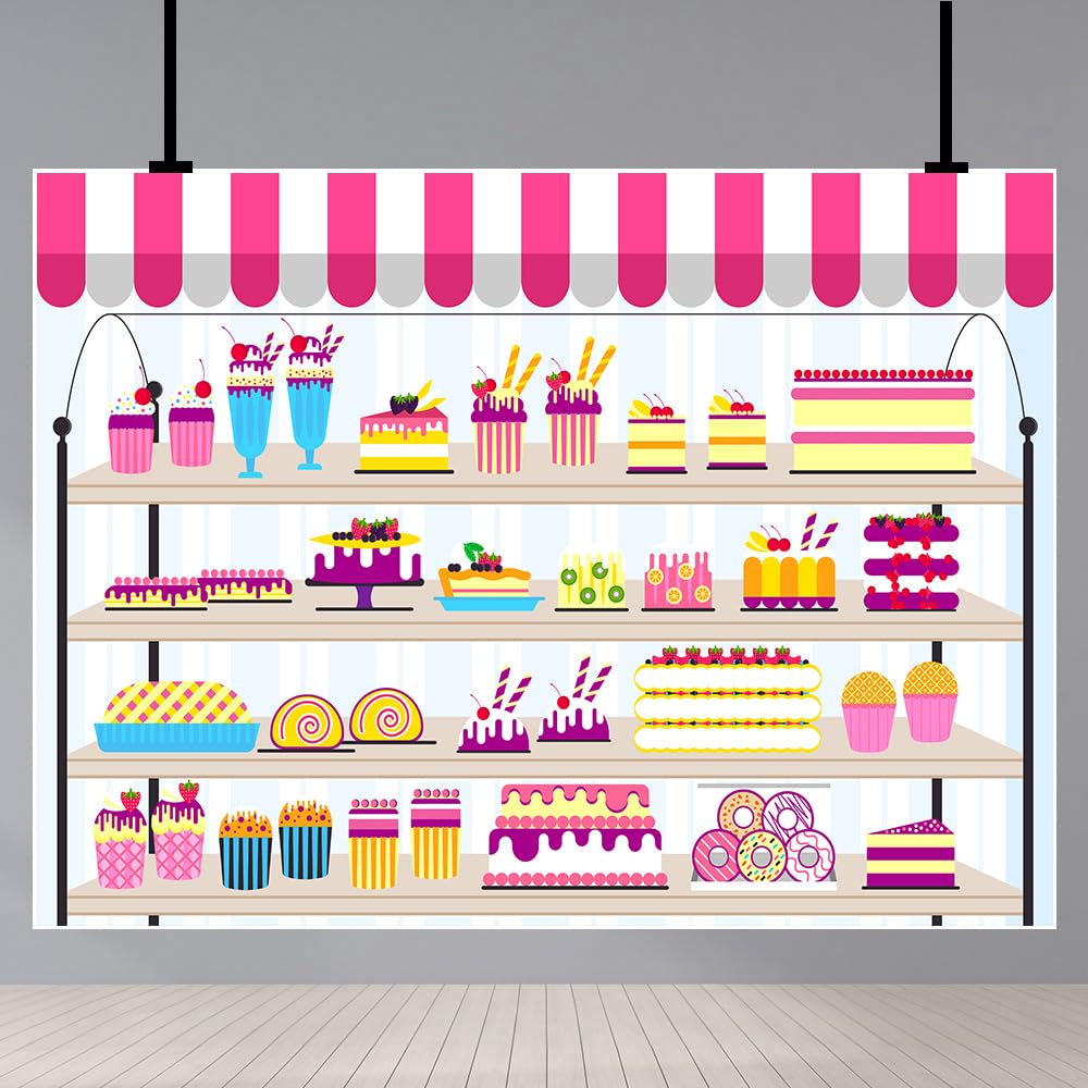 Cartoon Cake Shop Backdrops Sweet Donut Cupcake Ice Cream Photography Backdrop Dessert Party Backdrop Decoration Cake Table Banner Photo Studio Props 5x3Ft