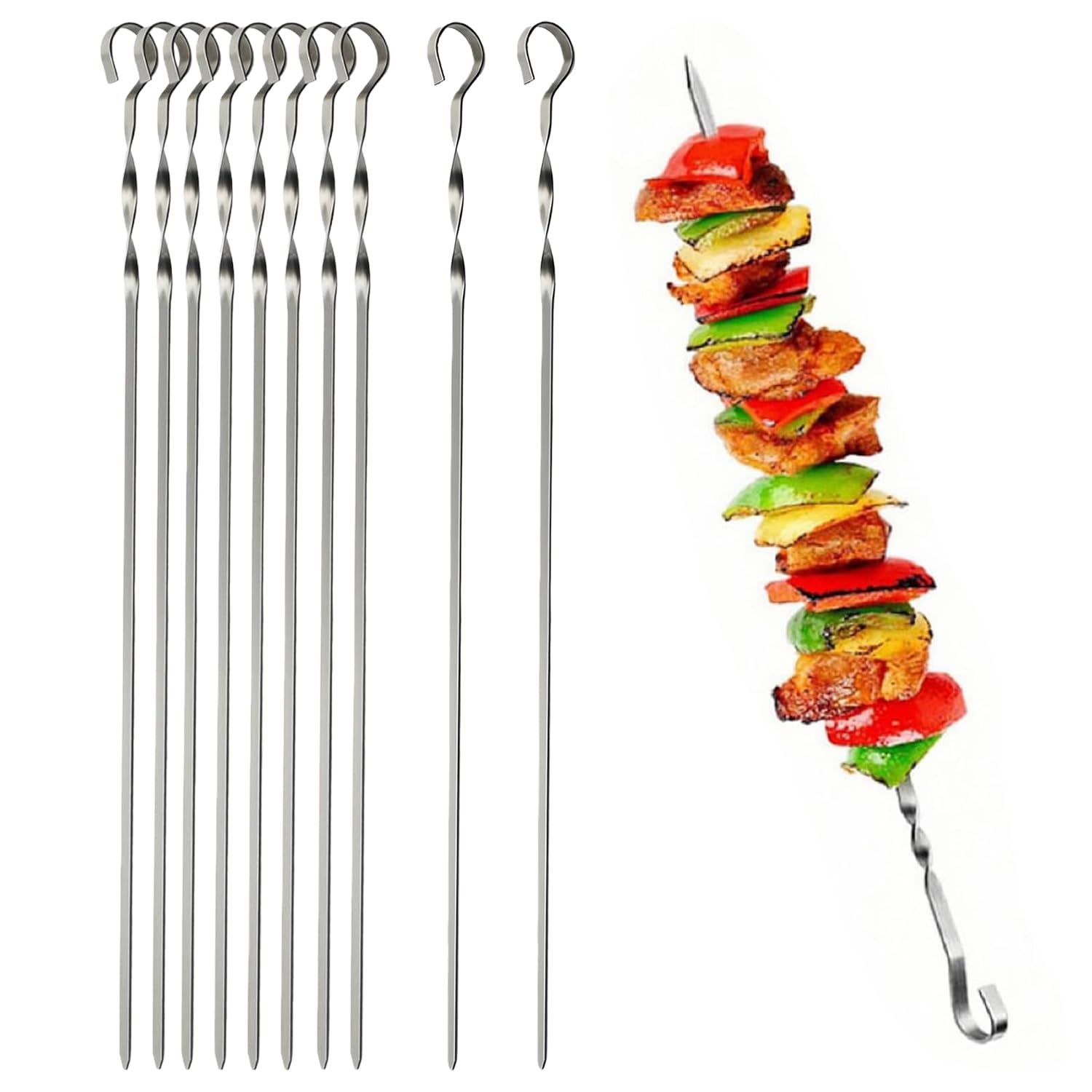 10 Pcs Metal Kebab Skewers for Grilling,Stainless Steel BBQ Grilling Skewers,Reusable Stainless Steel Sticks,Dishwasher Safe Grill Tools,for Outdoor BBQ, Family Party