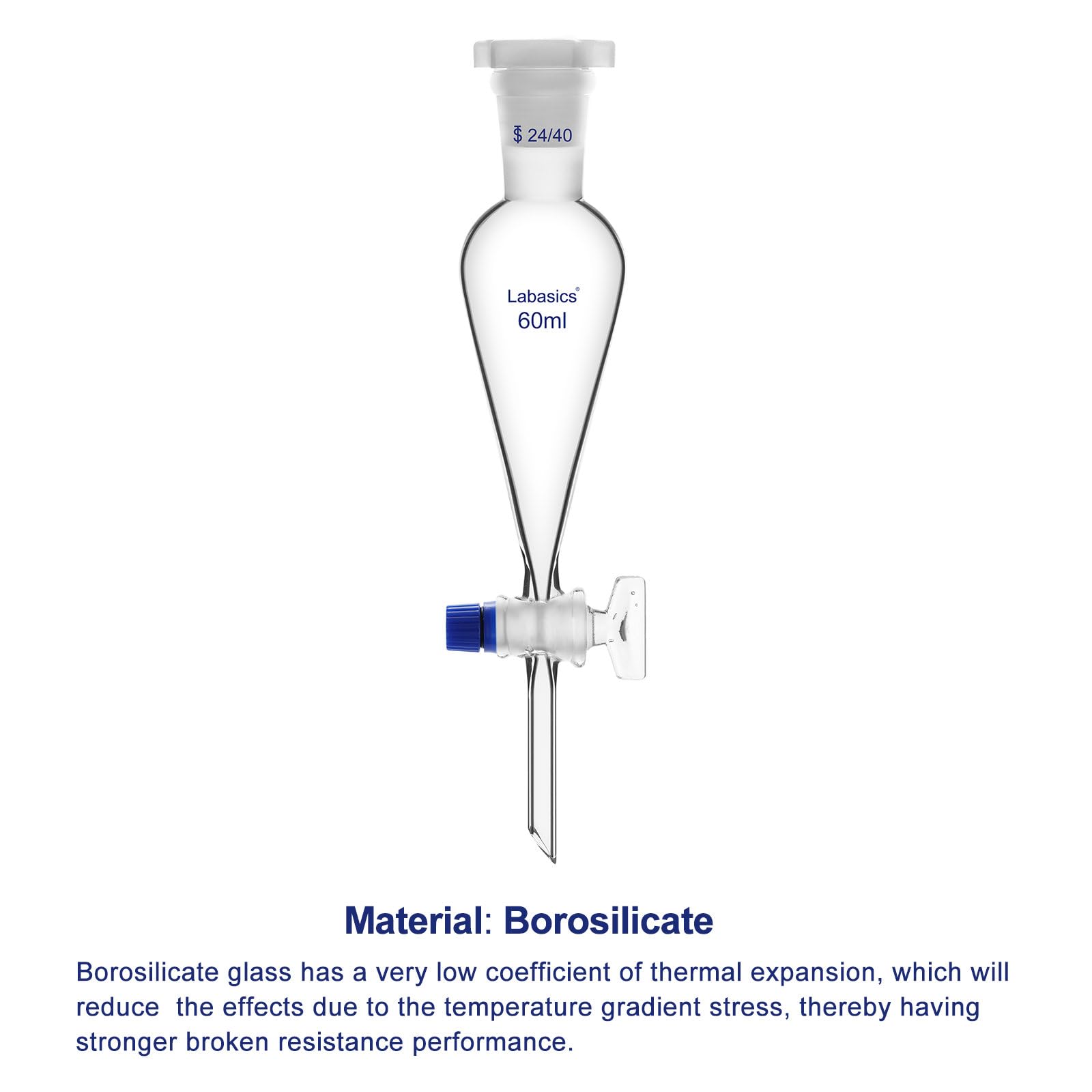 Labasics Kegelförmiger Scheidetrichter aus Borosilikatglas, 60 ml, mit Glashahn, ideal zur Flüssigkeitstrennung im Labor