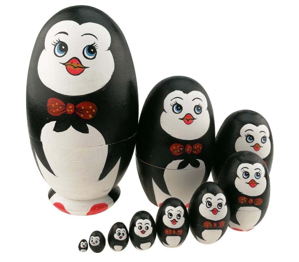 Winterworm Set di 10 bambole matrioska a forma di pinguino a forma di uovo in legno, fatte a mano, giocattolo per bambini, idea regalo