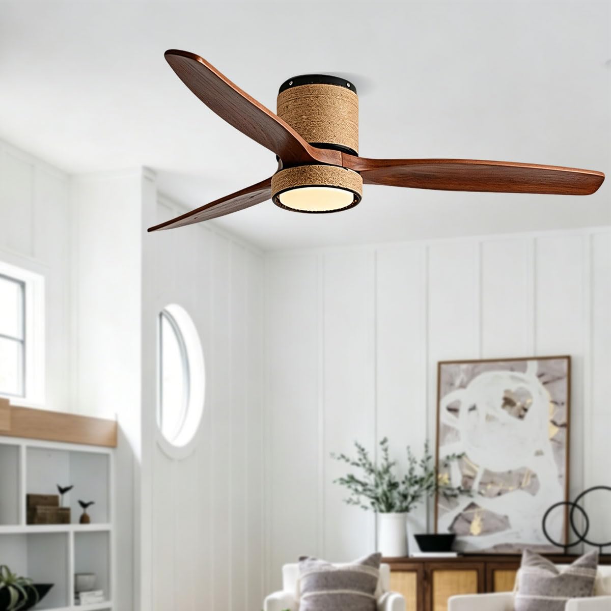 ZJHAHJY 42 Inch Ceiling Fans with Lights, Quiet Flush Mount Fan Light and Remote Control, Dimmable,Reversible,Wood Blades Lights Fixtures for Bedroom, Dining Room