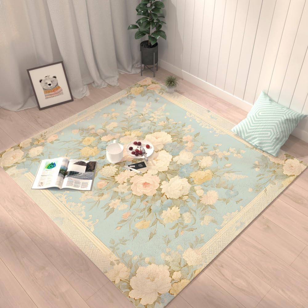 Tapis Salon 200X300 Fleurs Bleues Chambre Sport Antidérapant Lavable en Machine Tapis Couloir,Salle A Manger Chambre Enfant Decoration Chambre