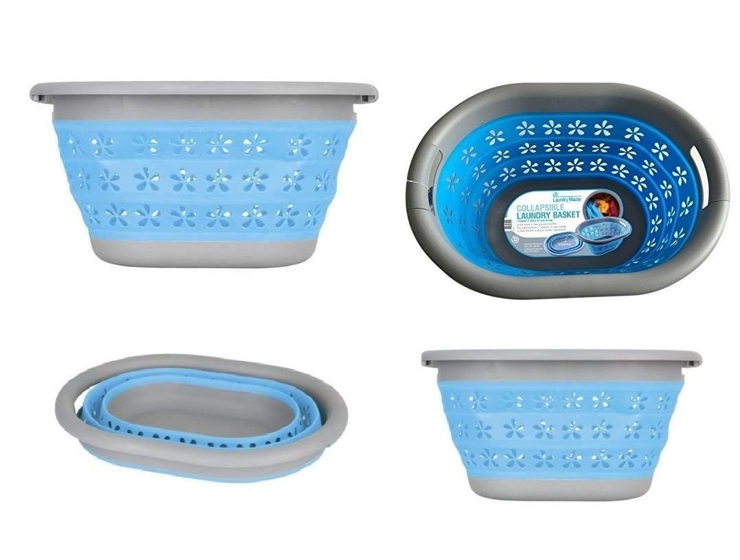 Homion Blue Oval Collapsible Laundry Basket Bin Strong Medium Space Saving Foldable New