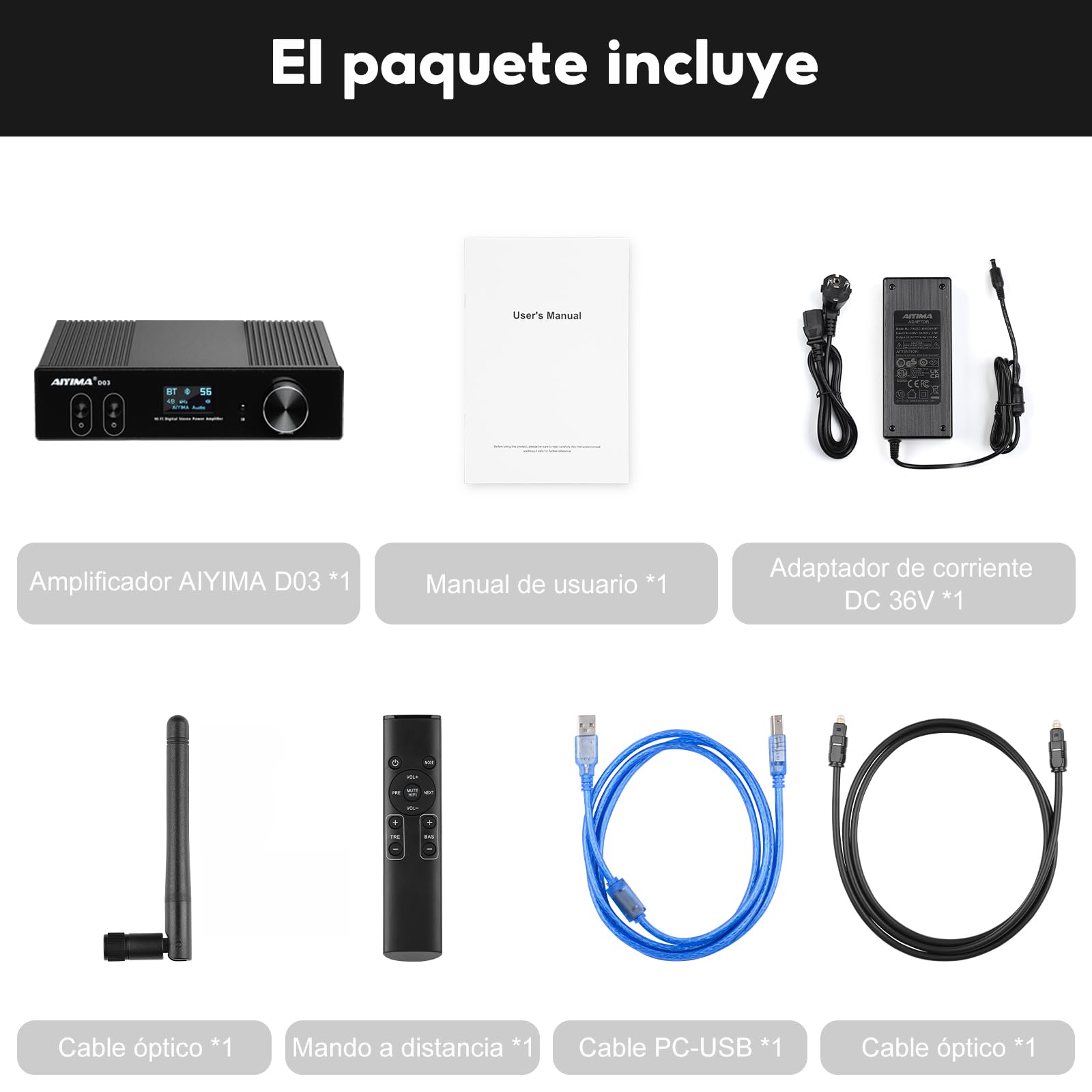 AIYIMA D03 Bluetooth 5.2 150W x 2 Estéreo HIFI 2.1 CH Sound Digital Amplificador 24bit / 192kHz Clase D Amplificador de potencia USB DAC coaxial óptico OLED APTX Support Subwoofer